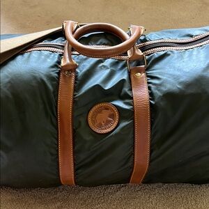 Hunting World Designer Green and Brown Travel Duffel Bag with Leather Straps